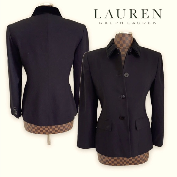 Lauren Ralph Lauren 100% Wool Blazer 6 Black Career Velvet Collar Logo Buttons - Picture 1 of 15